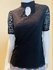 PERSEPTION CONCEPT lace floral black tulip top cut crewneck short sleeve S NWT 