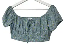 Mable Blue Floral Off the Shoulder Crop Top Smocked Boho Size L‎