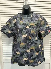 Dickies Scrub‎ Top Camo/Camel Green/Tan Print Short Sleeve V Neck Pockets Size M