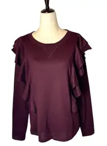 NYDJ Sweater Women‎ Small Burgundy Knit Ruffle Front Crew Neck Pullover