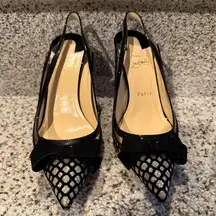 Christian Louboutin Suspenodo Glitter Flocked Patent PVC Sling 85 Pumps, size 38