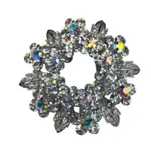 Vintage Aurora Borealis Rhinestone Flower Brooch Silver-Tone 2" Diameter