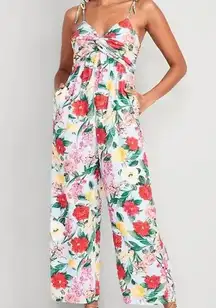 Old Navy Floral Linen Tie-Shoulder Cropped Twist-Front Smocked Jumpsuit Small