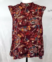 burgundy high neck paisley print top with keyhole back size medium