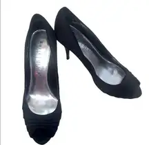 White House | Black Market WHBM Black Satin Pumps High Heels Stilettos 7.5 Career Shoes Office Work Open