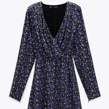 ZARA  Size XS Mini Floral Dress Shoulder Pads Quirky Blue Purple Deep V