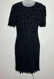 Laurence Kazar vintage Beaded Black 100% Silk Cocktail Dress LBD Sequins Medium