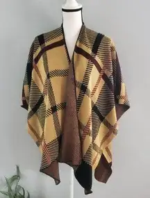 Plaid Ruana Poncho Open Wrap Shawl Cape OSFM