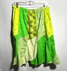 VTG 70s? Green Patchwork Skirt Knee Length Whimsical Fairy Boho Cottage M SEE‎