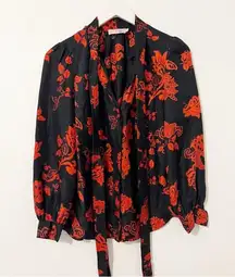 Tory Burch Paisley Silk Bow Blouse Button Down Long Sleeve Red Black Size 2