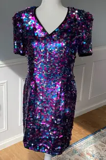 NWT Vintage Multi Color Sequin Paillette Dress V Neck Short Sleeve Leslie Fay