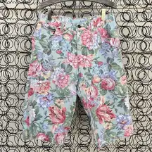 Vintage 90s Zena Floral Pastel Bareback Bermuda High Rise Jean Shorts SMALL?