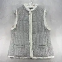 Talbots Sweater Vest Faux Fur Trim Cable‎ Knit Pockets Gray Womens Size L