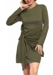 Casual Long Sleeve Tie Waist Ruched Bodycon Mini Crew Neck Cocktail Dress Green S