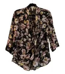 Nordstrom Leith Semi Sheer Drape Front Floral Blouse Top Size Medium