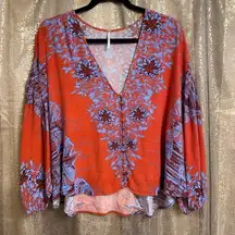 Free People Birds of a Feather Lava Red V-Neck Boho Top Oversized XS