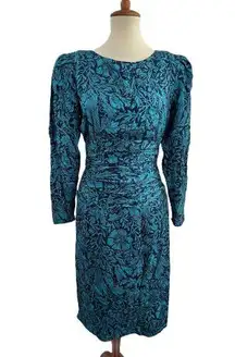 Maggie London Vintage Silk Bodycon Dress Lined Shoulder Pads Zip Back Womens