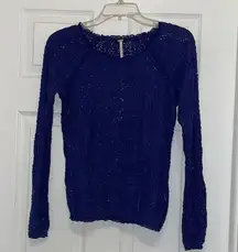 Free People  Navy Blue Sheer Lace Long Sleeve Top