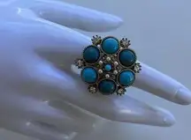 Vintage Size 6.5 Silver Oval Turquoise Pearl White Stone Faux Ring Western Style