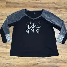 CATO Black shirt Skeleton wearing cowboy hats & boots Halloween Shiny Women's XL