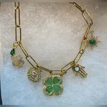 Lucky Charm Necklace Green accents,  5 Charms, gold‎ tone hardware, feels solid