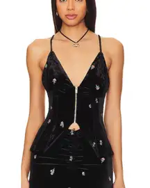 WeWoreWhat REVOLVE Black Velvet Peplum Corset Top Embroidered Roses‎ Size 6