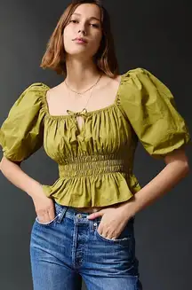Faithfull The Brand Anthropologie Olive Green Milkmaid Peplum Smocked Top Medium