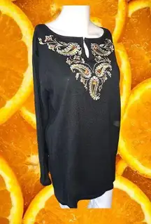 Bob Mackie Black with Yellow Paisley Long‎ Sleeve Lightweight Sweater