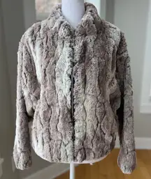 VICI Brown Gray White Faux Fur Coat Cropped Fur Bomber Jacket Size Medium