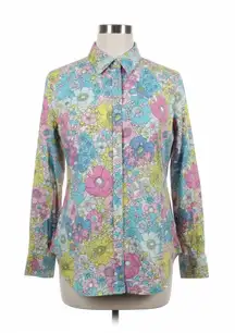 Talbots Shirt XL Pink Yellow Floral Button Up Poplin Garden Cottagecore Resort
