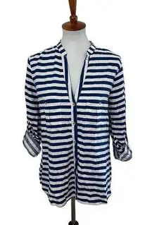 ZARA NWT  Linen Blend Striped Button Down Shirt Blue White Size Medium