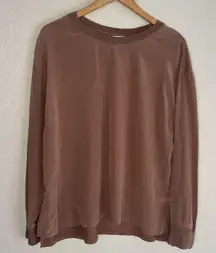 Athleta Silk Hybrid Top Long Sleeve Rustic Beige Tan Mocha XL 100% Silk Fall