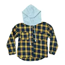 , small, navy blue and yellow, hooded button up flannel shirt