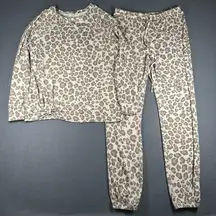 Como Blu Lounge Set Womens Small Beige Leopard Print Sweatshirt Joggers Knit