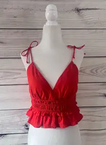 Sim & Sam Red-Orange V Neck Tie Shoulder Crop Top