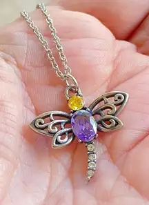 Dragonfly Purple & Yellow CZ Stainless Steel Necklace