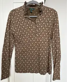 LRL Lauren Jean Co. Floral Print Long Sleeve Ruffle Henley Top, Size S, Like New