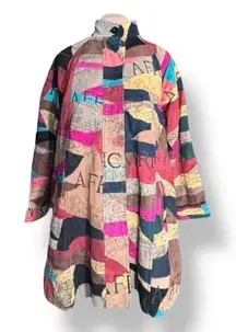 Vintage African Star Suede Leather Coat Map Print Oversized Long Jacket Boho