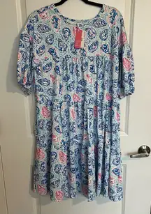 NEW Simply Southern Dress Size Large Tropical Oyster  Print Pink & Blue NWT