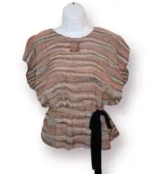 Boutique Rustic Earthy Stripe Ribbon Tie Waist Top Brown Cream M