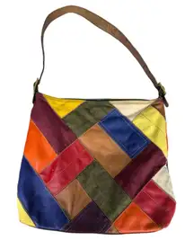 Vintage 90s Colorful Patchwork Suede Leather Hobo Hippie Shoulder Bag