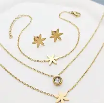 18 k gold plated stainless steel 4pcs set clover necklace,earrings,bracelet