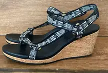 Teva Arabella Wedge Cork Heeled Sandal Black White Mosaic Size 9 Open Toe