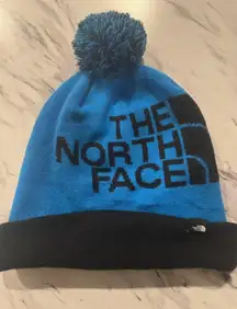 The North Face Pom Beanie Blue Black Logo Cuffed Knit Winter Hat Adult One Size