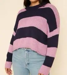 AERIE Striped Knit Purple Blue Crew Neck Cropped Sweater Sz S