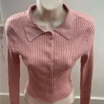 Love Always pink ribbed collared button up cardigan sweater size M preppy Barbie