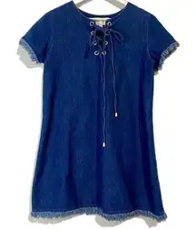 JOA Women's Lace-Up Neckline Fringe Mini Dress Blue Denim Size Small EUC