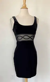 Vintage 90’s Solid Black Velvet Sleeveless Mesh Cut Out Sleeveless Bodycon Dress