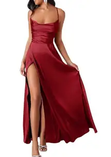 Shein Red Satin Backless Spaghetti Strap Maxi Dress With High Slit party prom