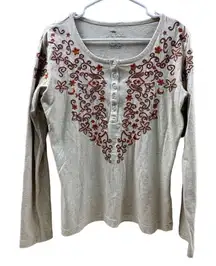 Bob Timberlake Size Medium Cotton Floral Embroidered Long Sleeve Henley Top